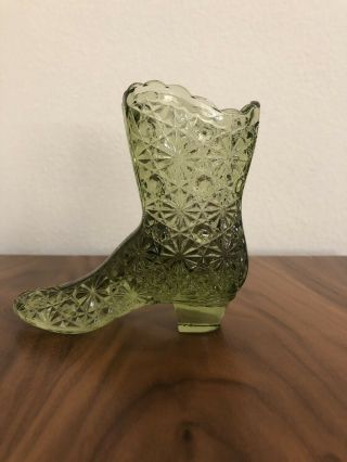 Vintage Fenton? Colonial Green Daisy & Button Art Glass Shoe Slipper High Boot