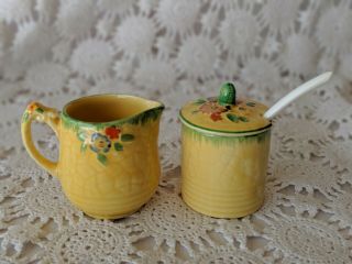 Crown Devon Made England Yellow Floral Pattern Creamer Sugar Spoon Set Vintage