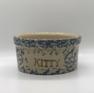 Vtg R.  R.  P Co.  Roseville Ohio Usa Pottery Blue Spongeware Kitty Bowl 5.  5 " Feeder