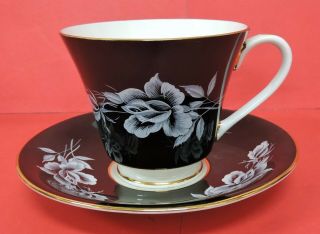 Aynsley Footed Cup & Saucer Set - Black W/white Roses/flowers - Gold Gilt - 1