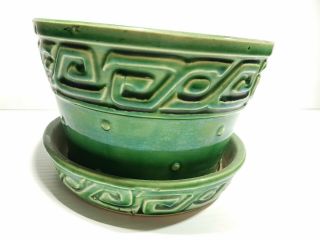 Vintage Mccoy Art Pottery Green Greek Key & Dots Flower Pot Planter Vase