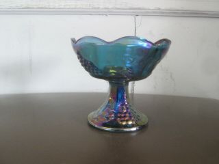 Iridescent Carnival Glass Candle Holder Blue Glass With Harvest Grapes Design