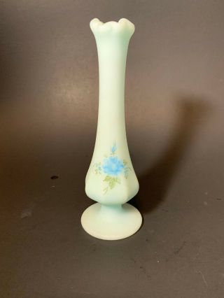 Vintage Fenton Bud Vase Blue Hand Painted Signed Custard Satin Glass