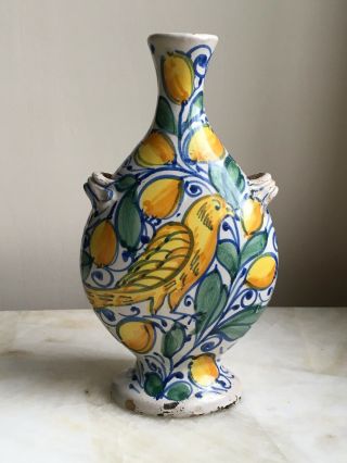 Castelli Vintage Italian Ceramic Hand Painted Vase Signed Lemons Bird