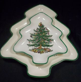 2 Spode Christmas Tree Shaped S3324 England Green Band Dishes Cookie Nut Vgc