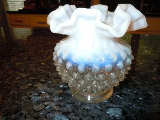 Fenton Glass French Opalescent Hobnail 4 1/2 " Tall Vase W/ Crimped Rim
