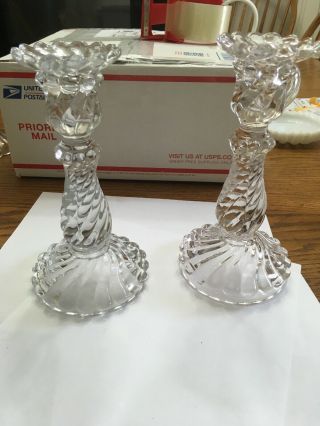 Pr Fostoria Colony Glass Crystal Twist Swirl Candlesticks 9 "