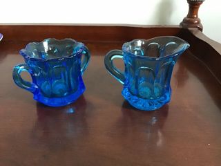 Vintage Cobalt Blue Glass Sugar Bowl & Creamer Paneled Design