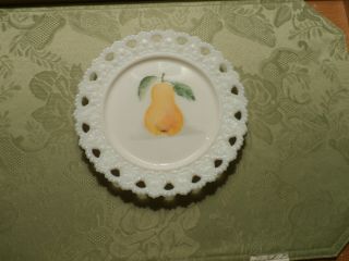 Vintage Kemple Lace Edge White Milk Glass Plate W/ Hand Painted Fruit Pear