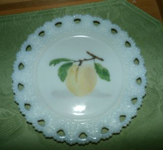Vintage Kemple Lace Edge White Milk Glass Plate W/ Hand Painted Fruit