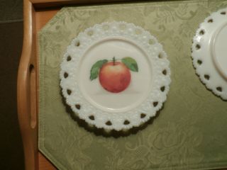 Vintage Kemple Lace Edge White Milk Glass Plate W/ Hand Painted Fruit Apple
