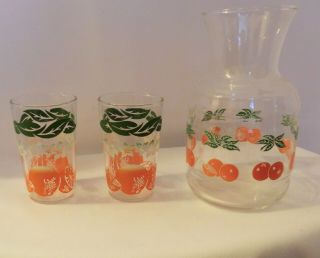 Anchor Hocking Juice Jar Decanter & 2 Glasses With Oranges Design Vintage