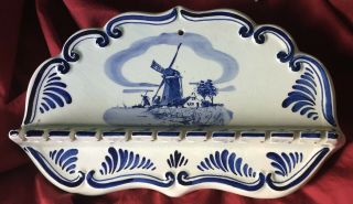 Lg Vintage Delft Blue Hand Painted Wall Hanging Spoon Holder - Windmill Holland