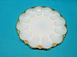 Vintage Fire King White Milk Glass Swirl Gold Trim Divided Dish Tray Egg Plate