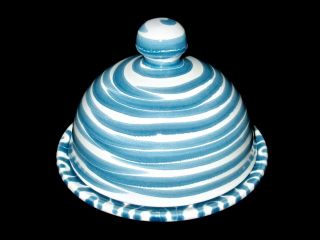 Gmundner Keramik Dizzy Blue Stripe Butter Cheese Dome & Under Plate Austria Guc