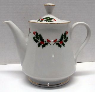 Kashima “christmas Holly” Fine Porcelain Tea/coffee Pot.  8” High With Cover