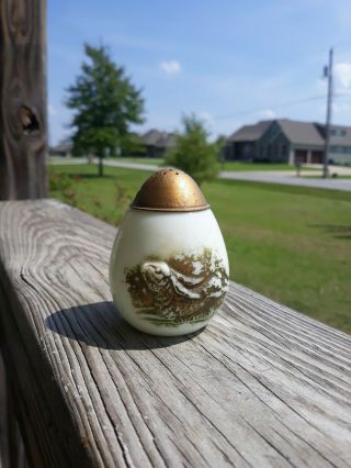Antique Victorian White Milk Glass Egg Shaker With Top Bunnies Rabbits Gold 2