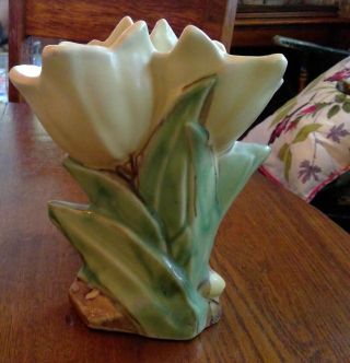 Vintage Mccoy Pottery 8 " Tulip Vase 2 Yellow Flowers Soft Colors Pretty