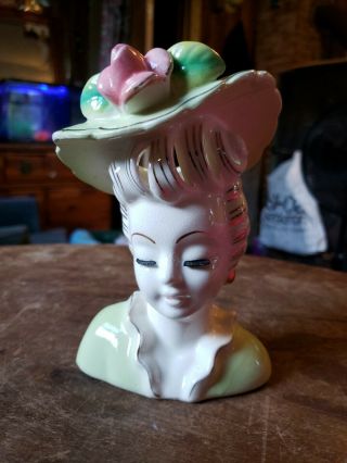 Vintage Lady Head Vase / Planter Unknown Maker Green Dress And Hat Pink Rose