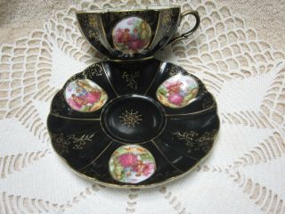 Vintage Victorian Scalloped Tea Cup And Saucer Black,  Gold Trim Japan Endo China