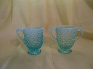 Fenton Glass Blue Opalescent Hobnail 3 1/4 " Creamer & Sugar Set