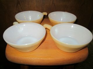 4 Vintage Fire King Oven Ware Handled Soup Chili Bowls Beehive Peach Luster