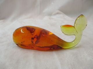 Vintage Hand Blown Art Glass Orange Whale Paperweight