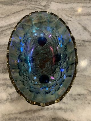 Indiana Blue Carnival Glass Oval Footed Fruit Bowl - Harvest Grape Design