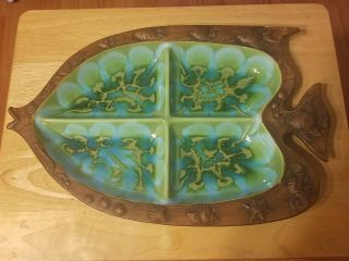 Vintage Treasure Craft Fish Serving Platter 1960s Green Drip Glaze Divided