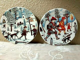 Two (2) Arabia Finland 4.  5 " Wall Plates 1981 & 1982 By A.  Alarissto Snow Scenes