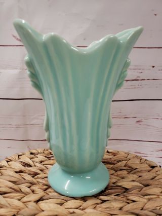 Vintage Pottery Pedestal Flower Vase,  Usa,  8 " H Turquoise Green Glaze