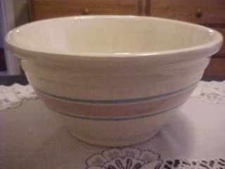 Vintage Mccoy Pottery Yellow Ware 10 " Bowl With Pink Band Blue Stripes
