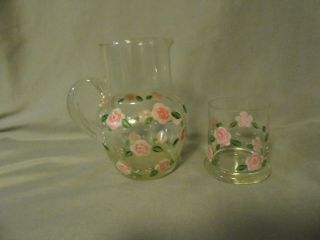 Clear Glass Hand Painted Pink Flowers Juice Pitcher With Juice Glass As Lid