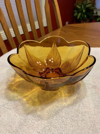Vintage Anchor Hocking Amber 7 " Glass Bowl With Leaf Design