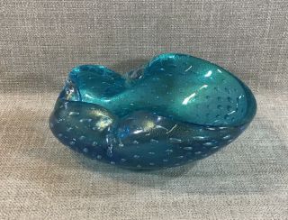 Vintage Murano Art Glass Seguso Controlled Bubble Blue Candy Dish Ash Tray 3