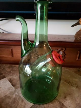 Vintage Green Italian Glass Wine Decanter W/ Ice Chamber & Stopper