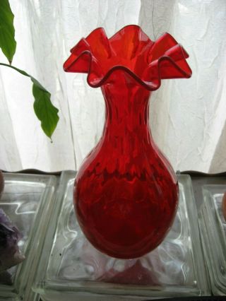 Vintage Red Glass Vase W/ Ruffled Top Ribbed Neck Hand Blown 9½ " Optic Pattern