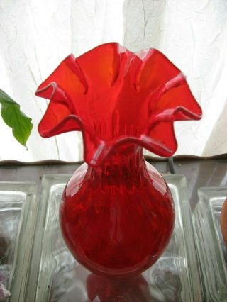 Vintage Red Glass Vase w/ Ruffled Top Ribbed Neck Hand Blown 9½ 