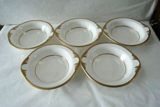 Pope Gosser China Pembroke Coin Gold Trim Pattern Lugged Cereal Bowl Set Of 5