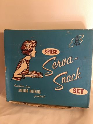 Vintage Anchor Hocking 8 Piece Serva - Snack Set 4 Serving Trays & 4 Cups Box