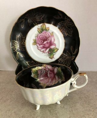 Vintage Royal Halsey Fine Bone China Tea Cup And Saucer Black Pink Rose England
