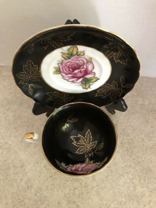 Vintage Royal Halsey Fine Bone China Tea Cup and Saucer Black Pink Rose England 2