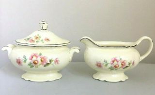 Vintage 1940s Homer Laughlin Virginia Rose Creamer Sugar Bowl Set/pink White
