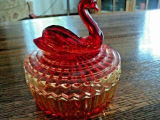 Vintage Jeanette Glass Swan Covered Powder Dish/ Candy Dish.  Amberina Color