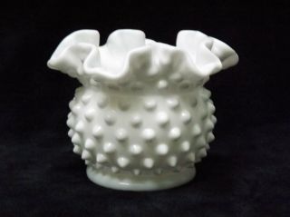 Fenton Hobnail Small Vase,  White Milk Glass Ruffled Crimped Decorative Vase 3 "