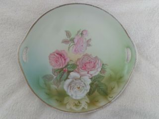 Vintage Antique Germany Pink & White Rose Handled Cake Plate Shabby Chic