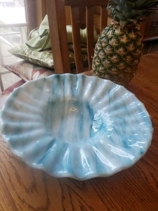 Blue & White Slag Milk Glass Server Bowl Dish 10 " Diameter,  Unique Htf Style