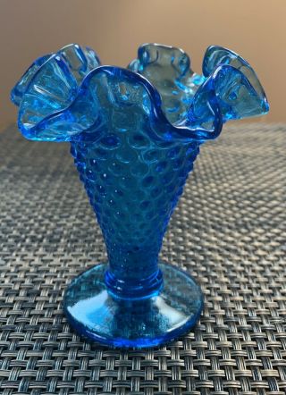 Vintage Fenton Small Clear Blue Glass Hobnail Trumpet Vase With Ruffled Edge Top