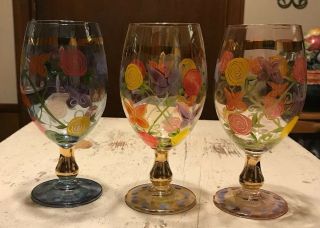 Vintage Tracy Porter Hand Painted Water Goblets Set Of 3 Made In Italy
