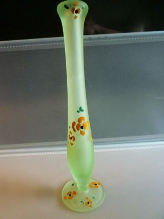 Vintage Fenton Green Frosted Glass Bud Vase Swung Stretch 8 3/4 " Hand Painted